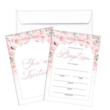 Imagem de Convites de batismo, convites de bautizo floral de laço rosa, primeira comunhão, batizado religioso, suprimentos de festa para meninas, 25 cartões de preenchimento de revelação de gênero para chá de