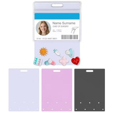 Imagem de Plifal Pacote com 3 porta-crachás Buddy – 7 furos azul rosa preto cartão de exibição horizontal PVC crachá acessórios para enfermagem, enfermagem, saúde médica