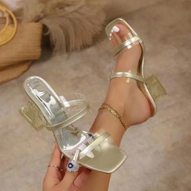 Imagem de Sandálias femininas transparentes com bico quadrado e salto grosso, para um visual casual moderno, Dourado, 35