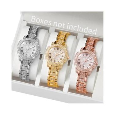 Imagem de Relógio Feminino De Quartzo Com Strass Completo, 3 Peças, Pulseira De 