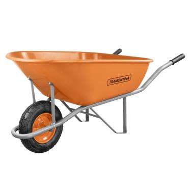 Imagem de Carrinho de Mão Tramontina com Caçamba Plástica Laranja Extrafunda 4,8 mm 110 L, Braço Metálico e Pneu com Câmara