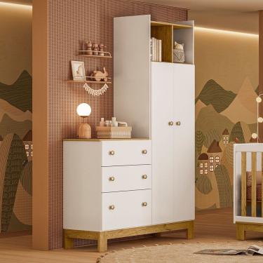 Imagem de Guarda Roupa Infantil com Cômoda 2 Portas 3 Gavetas Flora 4970 Branco Acetinado Qmovi