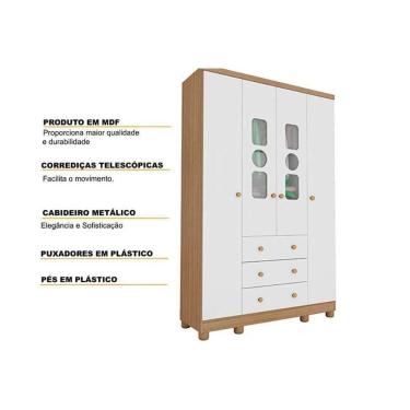 Imagem de Guarda Roupa Infantil C/ 4 Portas (2 Cristal) E 3 Gavetas Tedy Branco/amendoa - Peroba