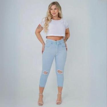 Imagem de Calça Feminina Jeans Capri Diferenciada Destroyed Cintura Alta Empina Bumbum Modeladora-Feminino