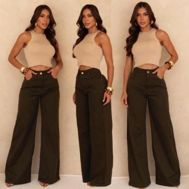 Imagem de Calça Wide Leg Feminina Sarja Cintura Alta Alfaiataria Conforto Elasta