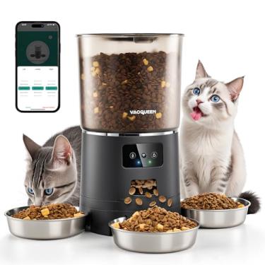 Imagem de Vacqueen Alimentador automático de gatos para 3 gatos, alimentador inteligente WiFi de 6L/25 xícaras, sistema anticongestionamento, dispensador de comida dessecante de efeito duplo, com gravador de