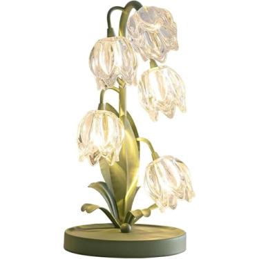 Imagem de Abajur De Mesa Tulipa Verde Abajur De Cabeceira Vintage Com Flores E Lâmpadas Led G4 Abajur De Cabeceira Floral Elegante Para Quarto, Sala De Estar, Escritório E Leitura