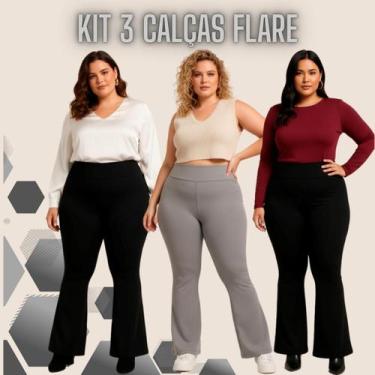 Imagem de Kit 3 Calças Flare Plus Size Bailarina Cós Alto em Suplex Confortável 