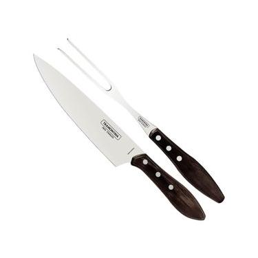 Imagem de Kit Churrasco Garfo e Faca 8' Tramontina Jogo Trinchante Aço Inox Madeira Polywood Castanho