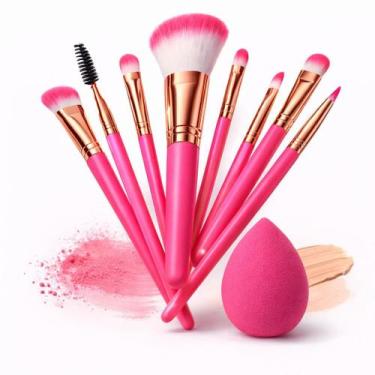 Imagem de Kit Pincel de 8 peças e Esponja Gota para Maquiagem Cor Pink - Art Bea