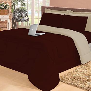 Imagem de Jogo de cama Casal com edredom lençol fronha função cobre leito e cobertor (Marrom e Bege)