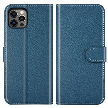 Imagem de LAHappyL Capa carteira de couro para iPhone 13 Pro Max/13 Pro/13, capa flip de couro legítimo de flor integral com função de suporte para cartão, fecho magnético, azul, 13 Pro Max de 6,7 polegadas