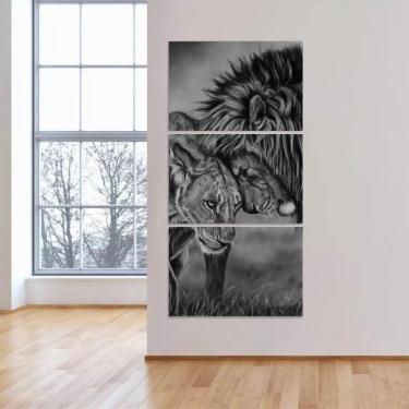 Imagem de Quadro Leão Arte Preto E Branco Vertical Para Corredor Sala
