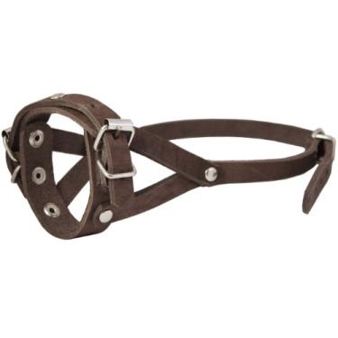 Imagem de Focinheira de couro ajustável com controle de latido e fácil ajuste para cães marrom. Serve para focinho de 20 a 25 cm.