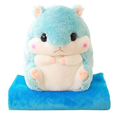 Imagem de Yajun Almofada 2 em 1 com cobertor bonito hamster de pelúcia multifuncional carro quente edredão para TV sofá escritório dormir confortável avião viagem almofada, azul, 40 * 30 cm