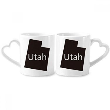 Imagem de Utah Conjunto de canecas de porcelana para casais, mapa dos Estados Unidos da América, coração de cerâmica