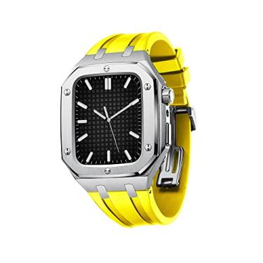 Imagem de KANUZ Capa protetora militar para Apple Watch Series 7 SE 6 5 4 Capa protetora de metal com pulseira de silicone amortecedor à prova de choque 45mm 44mm (Cor: amarelo prateado, tamanho: 45 mm para 7)