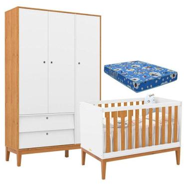 Imagem de Berço Americano e Guarda Roupa Unique 3 Portas Branco Soft Freijó Eco Wood com Colchão Ortobom - Matic