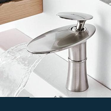 Imagem de Torneira de lavatório em cascata ouro branco quente frio misturador lavatório torneira de latão preto alto misturador de banheiro guindaste torneira de hardware doméstico, escova de níquel curta K