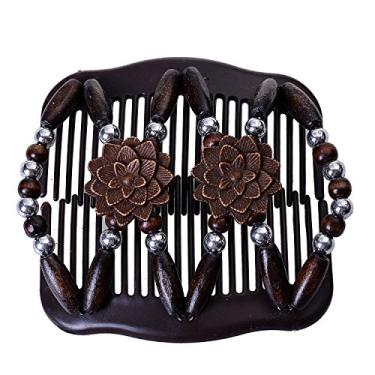Imagem de Pentes de cabelo femininos mágicos LOVEF com contas de madeira elásticas com clipes duplos laterais para fazer bolinhas acessórios de cabelo, Coffee, 11cmx8cm