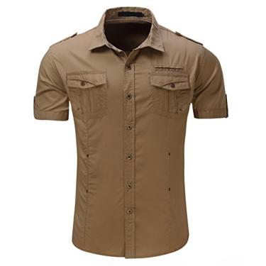 Imagem de Elonglin Camisa masculina com botão de metal 100% algodão, casual, manga curta, slim fit, Caqui, P