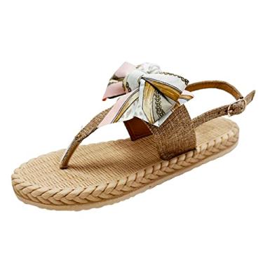Imagem de Sandálias para mulheres meninas sapatos femininos moda sandálias rasteiras sola macia uso externo moda praia plana (cáqui, 8)