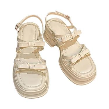 Imagem de Sandálias femininas tamanho pequeno sandálias de laço com sola grossa feminina verão agasalhos novos todos de salto alto tira fina sandálias romanas abertas (branco, 8)