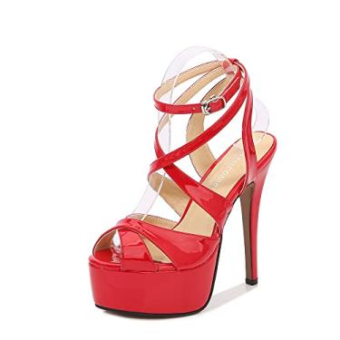 Imagem de Sandálias femininas de salto alto com tira no tornozelo e bico aberto 14 cm plataforma salto agulha moda sandálias de casamento, Vermelho, 6