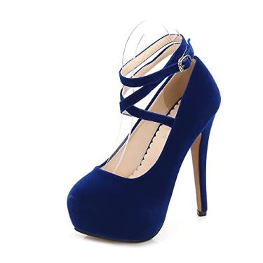 Imagem de YGJKLIS Sapato feminino plataforma salto alto stiletto 14 cm tira no tornozelo sandália salto camurça festa casamento sapatos vestido, Azul, 6