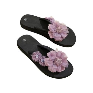 Imagem de OYOANGLE Chinelo feminino floral para casa chinelos leves para quarto chinelos colorblock chinelos sandálias para férias, Roxa, 5.5