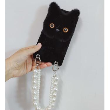 Imagem de HFICY Capa de telefone feminina com 2 pacotes de protetor de tela de vidro e cordão transversal de pérolas corrente de mão pele sintética fofa e macia capa quente (gato preto, para LG K51 / Q51