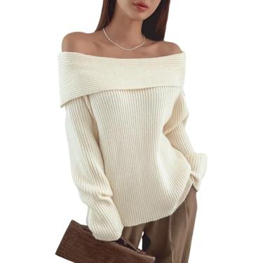 Imagem de Verdusa Suéter feminino de manga comprida solto fora do ombro pulôver pulôver tops, Bege, G
