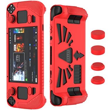 Imagem de Compatível com Steam Deck OLED e LCD, capa protetora de acessórios de silicone espesso, capa macia com 2 pares de alças de polegar, proteção total para deck de fluxo de válvula (vermelho)