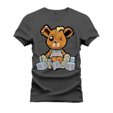 Imagem de Camiseta Plus Size Casual 100% Algodão Estampada Urso Marrom Boladinho Grafite G4