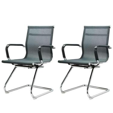Imagem de Kit 2 Cadeiras Office Sydney Fratini Tela Cinza Base Fixa Aço Cromado