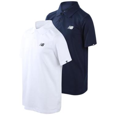 Imagem de New Balance Camiseta polo para meninos – Pacote com 2 camisetas de manga curta e ajuste seco – Camisa de golfe com gola de desempenho (8-20), Branco/Azul marinho, 18-20