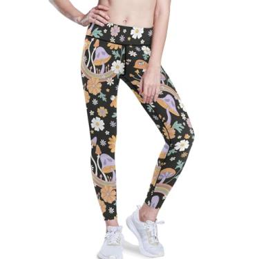 Imagem de KLL Leggings femininas trippy Woodland Cogumelos arco-íris para ioga leggings macias elásticas de cintura alta controle de barriga PP, Cogumelos trippy Woodland Rainbow, M