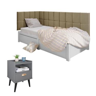 Imagem de Kit Mesinha 1 Gaveta Lateral Cama Mesa Organizadora E Cabeceira Painel Estofado Solteiro Decoração Quarto- RPM Móveis