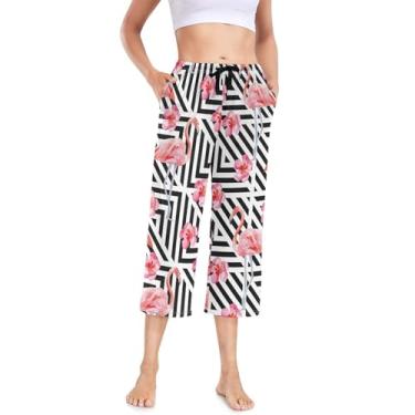 Imagem de KLL Calça de moletom feminina de pijama de perna larga cropped calça elegante rodada flamingos moda rosa, Flamingos Fashion Pink, XX-Large
