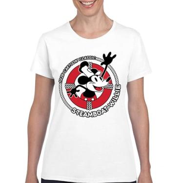Imagem de Camiseta Steamboat Willie Life Preserver divertida clássica desenho animado praia Vibe Mouse in a Lifebuoy Silly Retro Camiseta feminina, Branco, P