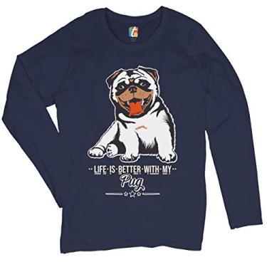 Imagem de Life is Better with My Pug Camiseta feminina de manga comprida fofa animal de estimação adorável cachorro, Azul marinho, P
