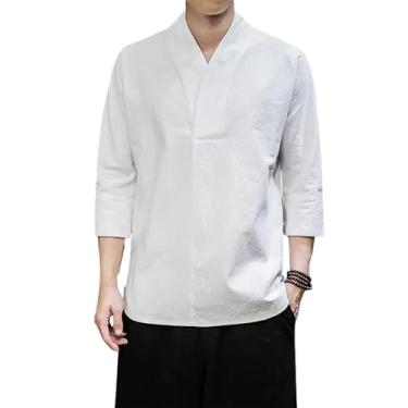 Imagem de Camiseta verão fina Hanfu mangas 3/4 cor sólida Kung Fu roupas Harajuku estilo chinês algodão linho camisa, Branco, M