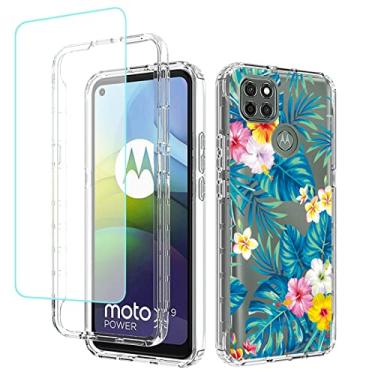 Imagem de sidande Capa para Moto G9 Power, XT2091-3 com protetor de tela de vidro temperado, capa protetora fina de TPU floral transparente para celular Motorola Moto G9 Power (flores e folhas)