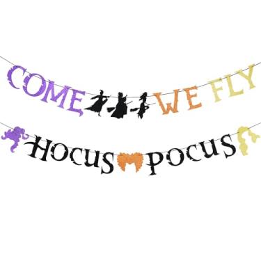 Imagem de Banner Hocus Pocus Come We Fly com glitter - decorações de festa Hocus Pocus, banner Hocus Pocus, decoração Hocus Pocus, decorações de festa de Halloween, lareira, decoração de Halloween