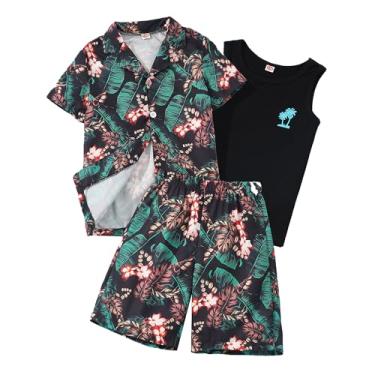 Imagem de Kidmian Liitle Conjunto de 3 peças de camisas havaianas de botão e shorts com colete sem mangas, Preto, 11-12 Yeasr