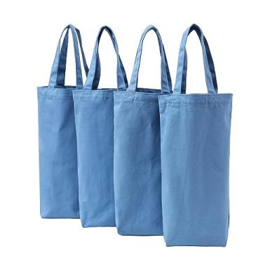 Imagem de Alcoztily Sacola de vinho, 26,6 x 17,8 x 5 cm, 4 peças reutilizáveis de lona de algodão com etiqueta de cordão, ótima para viagem, viagem, férias, casamento/piquenique (azul)