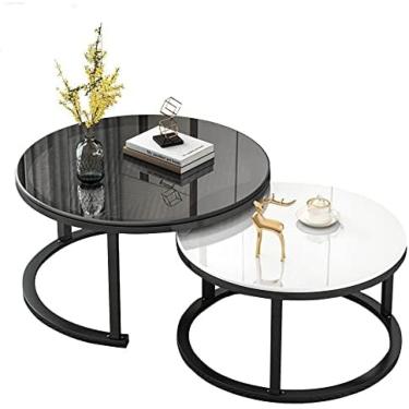 Imagem de Conjunto de mesa de centro aninhada com 2, mesas laterais empilháveis, tampo de mesa de vidro temperado liso, base de tubo de metal, para sala de estar, mesas redondas de sofá de metal - 70X