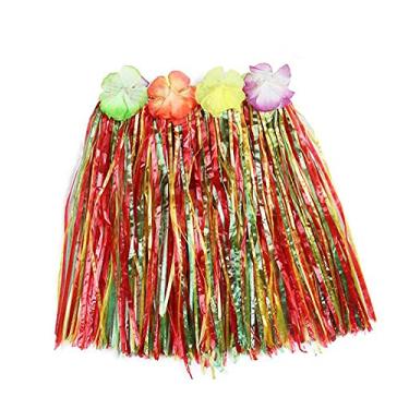 Imagem de RYZGOJV Pacote com 2 vestidos de festa infantil Havaí Saia Hula Grass Saia ajustável para festa havaiana fantasia fantasia 30 CM-colorido