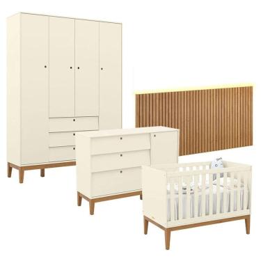Imagem de Quarto de Bebê Unique 4 Portas com Cômoda Sapateira e Painel Ripado com Led Off White Eco Wood - Matic
