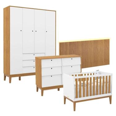 Imagem de Quarto de Bebê Unique 4 Portas com Cômoda 6 Gavetas e Painel Ripado com Led Branco Soft Freijó Eco Wood - Matic